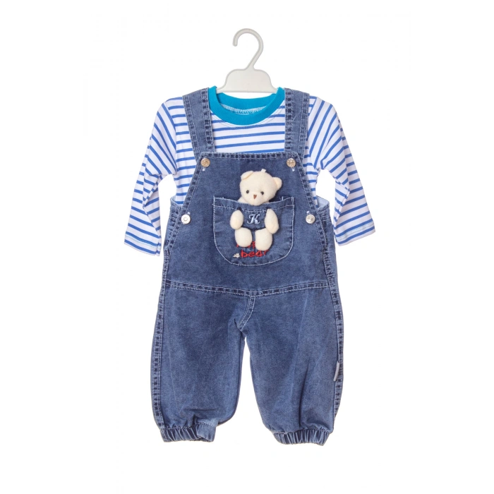 lacivert renkli yavru ayicik detayli cepli pamuklu pacasi lastikli unisex kaliteli kot salopet tulum bahcivan takim