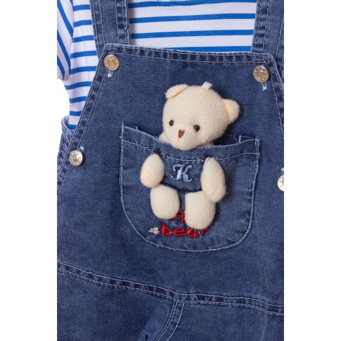 lacivert renkli yavru ayicik detayli cepli pamuklu pacasi lastikli unisex kaliteli kot salopet tulum bahcivan takim