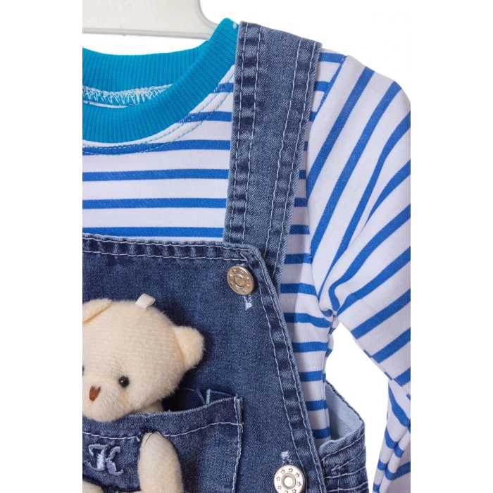 lacivert renkli yavru ayicik detayli cepli pamuklu pacasi lastikli unisex kaliteli kot salopet tulum bahcivan takim