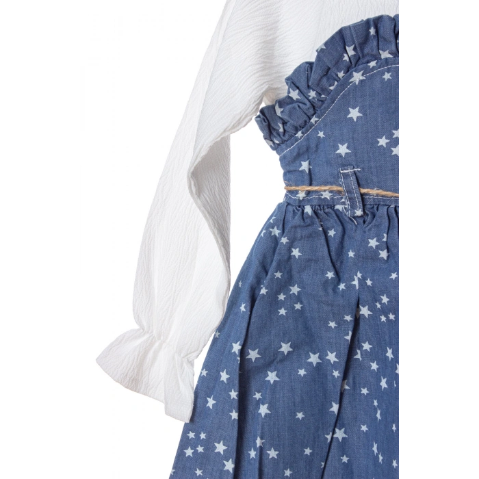 mavi renkli cicek broslu citcitli etek vual brode ici astarli cicek aksesuarli kiz cocuk kot gomlek elbise