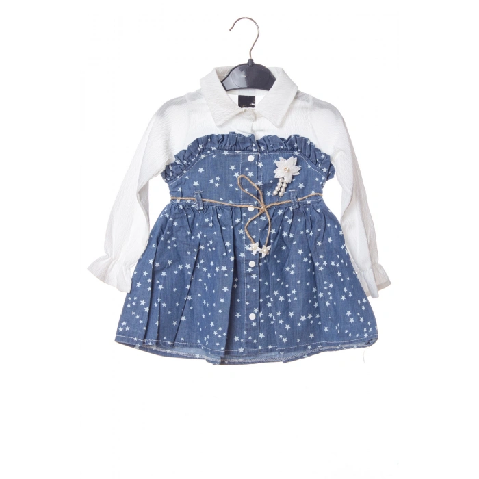 mavi renkli cicek broslu citcitli etek vual brode ici astarli cicek aksesuarli kiz cocuk kot gomlek elbise