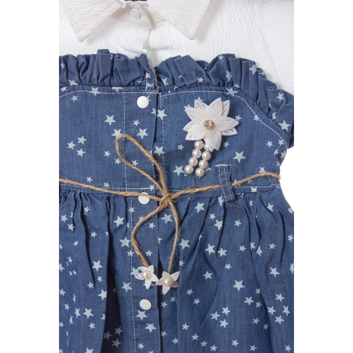 mavi renkli cicek broslu citcitli etek vual brode ici astarli cicek aksesuarli kiz cocuk kot gomlek elbise