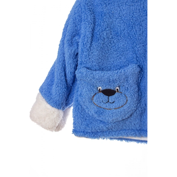 mavi renkli cocuk wellsoft kaliteli organik uzun kollu dugmeli kapusonlu ayicik nakisli cepli mont