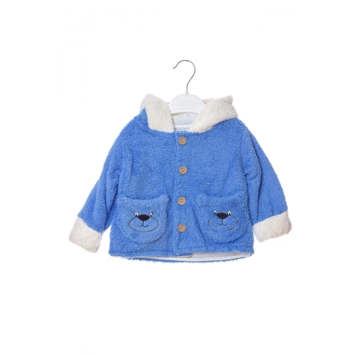 mavi renkli cocuk wellsoft kaliteli organik uzun kollu dugmeli kapusonlu ayicik nakisli cepli mont