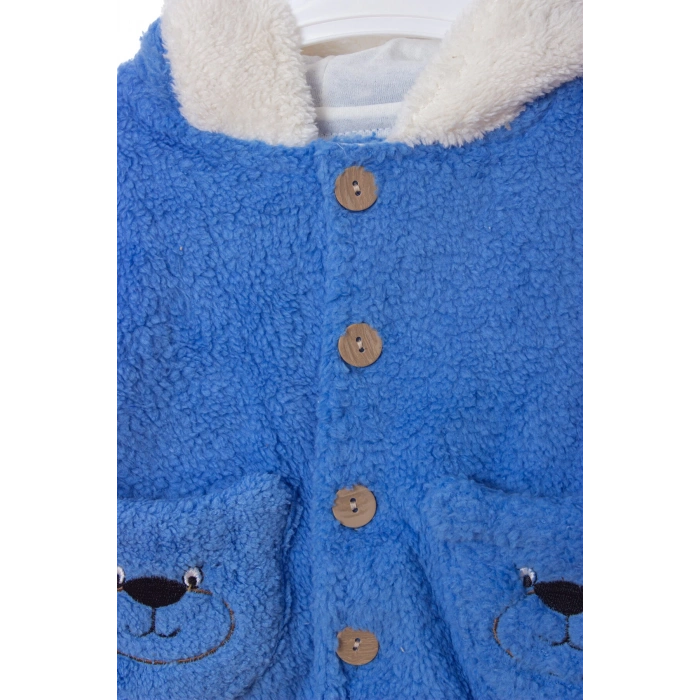 mavi renkli cocuk wellsoft kaliteli organik uzun kollu dugmeli kapusonlu ayicik nakisli cepli mont