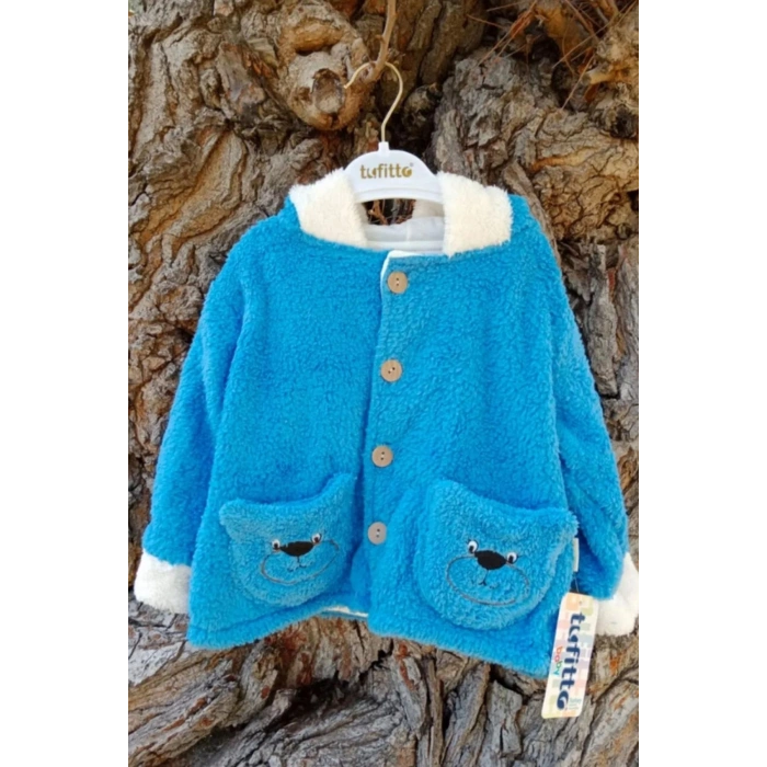 mavi renkli cocuk wellsoft kaliteli organik uzun kollu dugmeli kapusonlu ayicik nakisli cepli mont