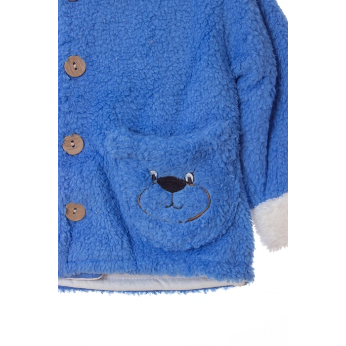 mavi renkli cocuk wellsoft kaliteli organik uzun kollu dugmeli kapusonlu ayicik nakisli cepli mont