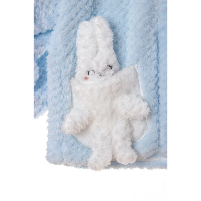 mavi renkli cocuk wellsoft kaliteli organik uzun kollu fermuarli kapusonlu pelus tavsan nakisli cepli mont