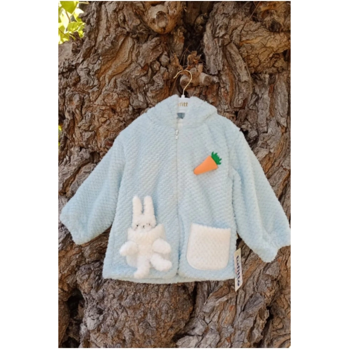 mavi renkli cocuk wellsoft kaliteli organik uzun kollu fermuarli kapusonlu pelus tavsan nakisli cepli mont