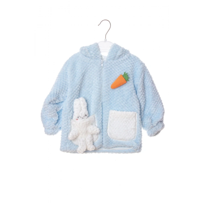 mavi renkli cocuk wellsoft kaliteli organik uzun kollu fermuarli kapusonlu pelus tavsan nakisli cepli mont