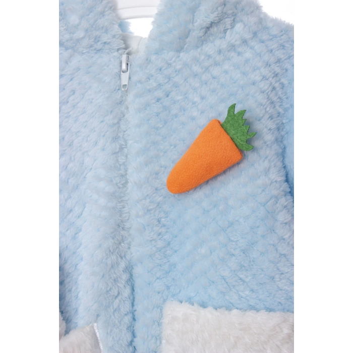 mavi renkli cocuk wellsoft kaliteli organik uzun kollu fermuarli kapusonlu pelus tavsan nakisli cepli mont