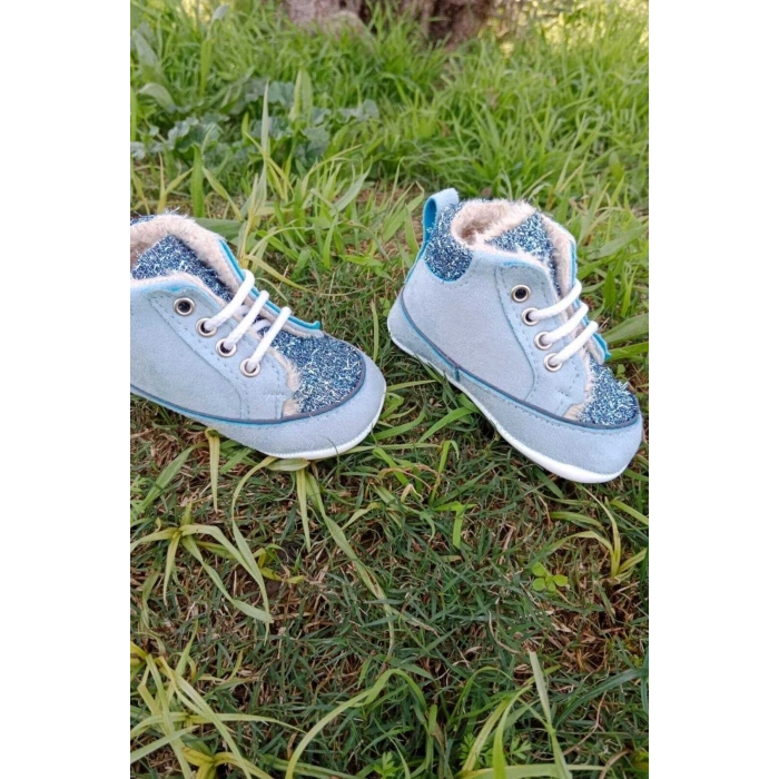 mavi renkli ici polarli organik ortopedik cocuk bebek ilkadim bagcikli patik kanvas sneaker casual ayakkabi