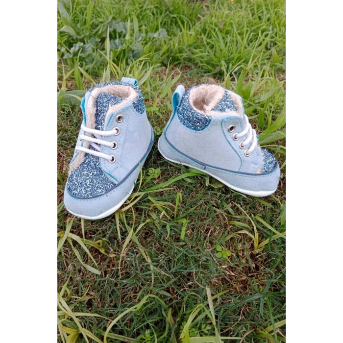 mavi renkli ici polarli organik ortopedik cocuk bebek ilkadim bagcikli patik kanvas sneaker casual ayakkabi