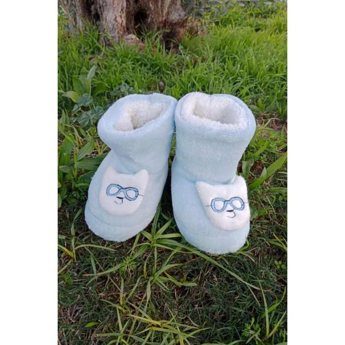 mavi renkli kedicikli model ici pelus pamuklu organik hafif taban ortopedik cocuk patik panduf