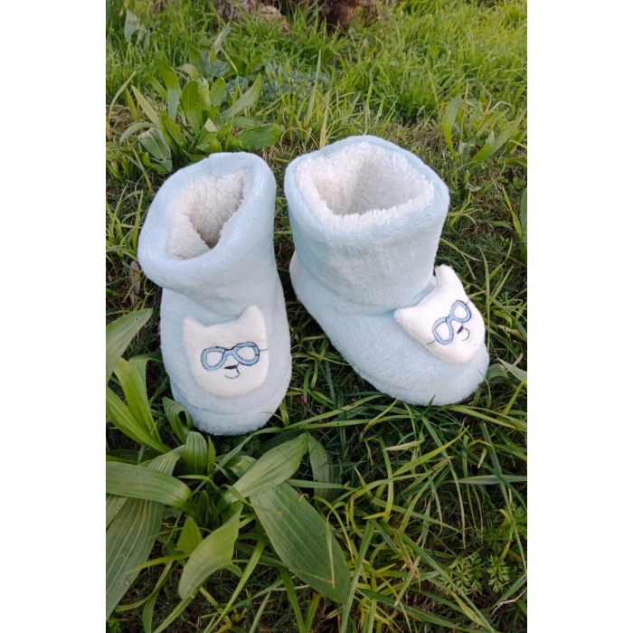 mavi renkli kedicikli model ici pelus pamuklu organik hafif taban ortopedik cocuk patik panduf