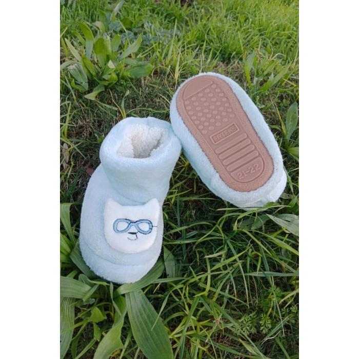 mavi renkli kedicikli model ici pelus pamuklu organik hafif taban ortopedik cocuk patik panduf