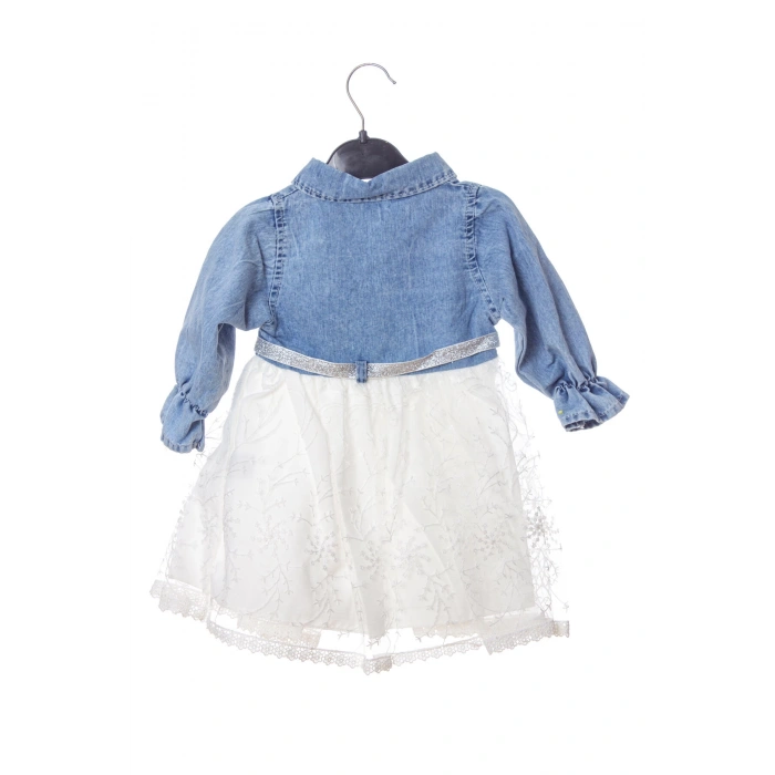 mavi renkli kugulu broslu citcitli etek vual brode ici astarli cicek aksesuarli kiz cocuk kot gomlek elbise