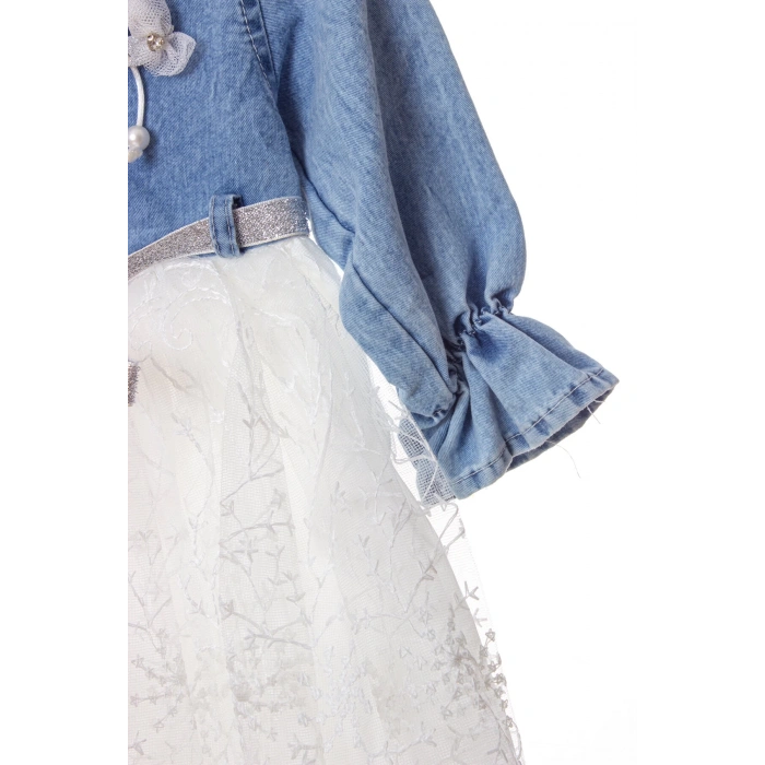 mavi renkli kugulu broslu citcitli etek vual brode ici astarli cicek aksesuarli kiz cocuk kot gomlek elbise