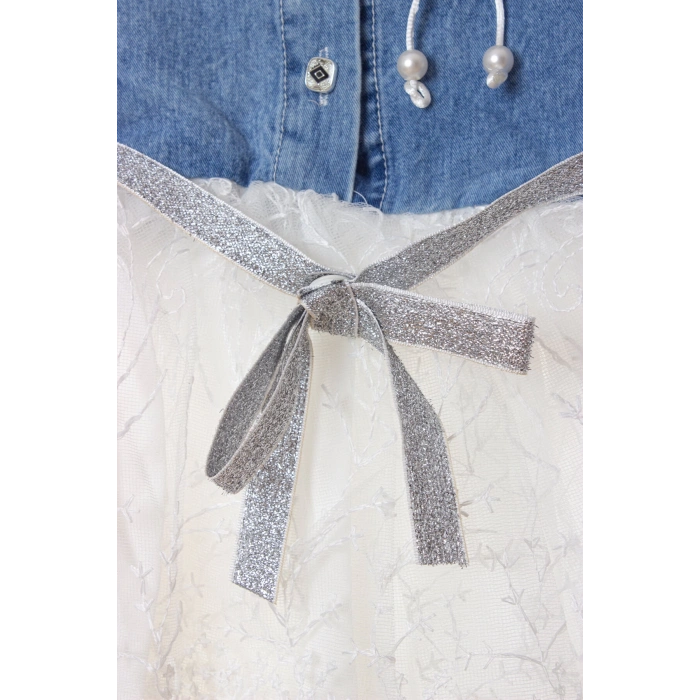 mavi renkli kugulu broslu citcitli etek vual brode ici astarli cicek aksesuarli kiz cocuk kot gomlek elbise