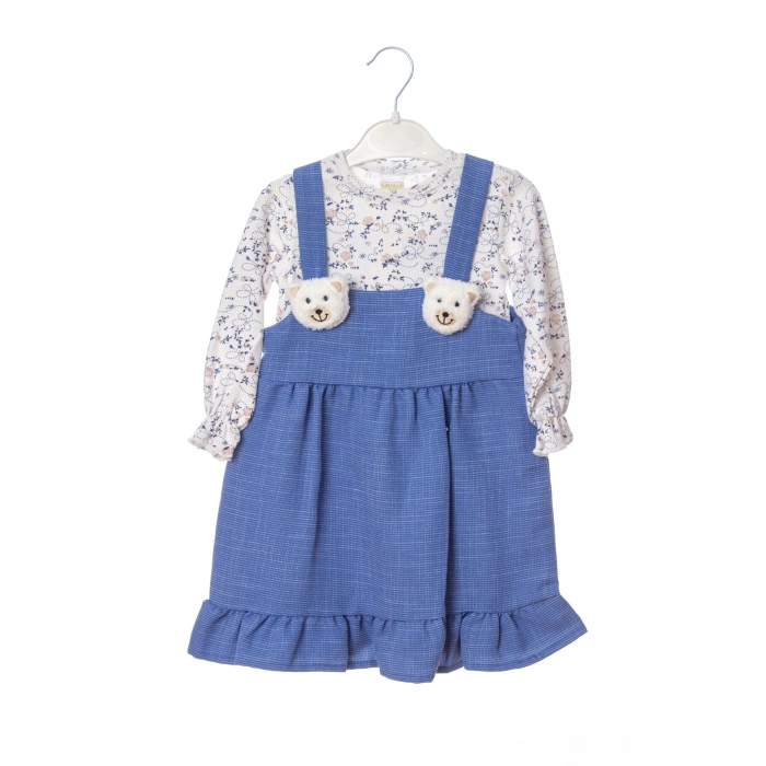 mavi renkli pamuklu yavru ayicik detayli kaliteli etek bluz cocuk takim elbise