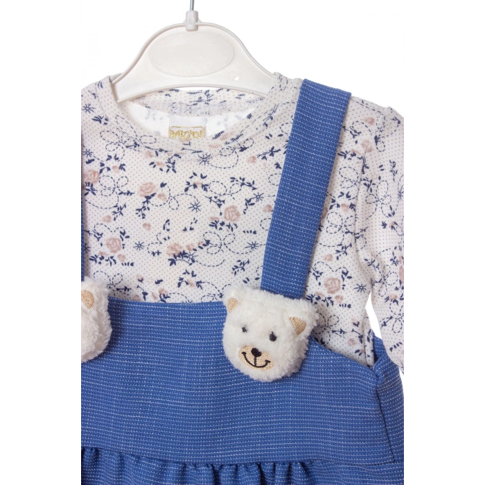 mavi renkli pamuklu yavru ayicik detayli kaliteli etek bluz cocuk takim elbise