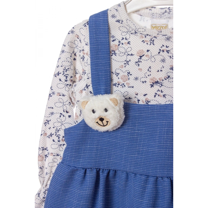 mavi renkli pamuklu yavru ayicik detayli kaliteli etek bluz cocuk takim elbise