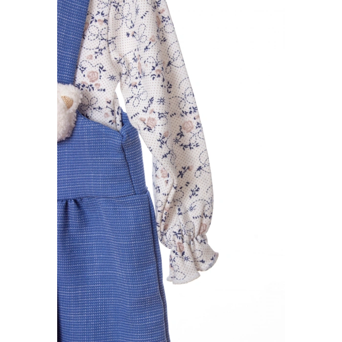 mavi renkli pamuklu yavru ayicik detayli kaliteli etek bluz cocuk takim elbise