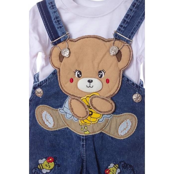 mavi renkli yavru ayicik detayli cepli pamuklu pacasi lastikli unisex kaliteli kot salopet tulum bahcivan takim