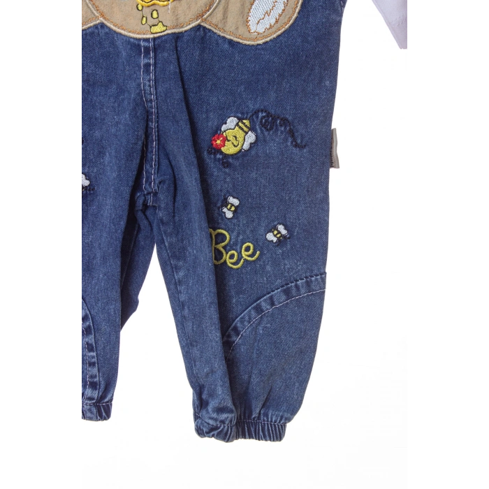 mavi renkli yavru ayicik detayli cepli pamuklu pacasi lastikli unisex kaliteli kot salopet tulum bahcivan takim