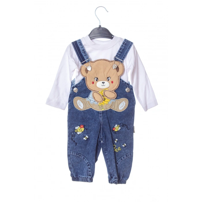 mavi renkli yavru ayicik detayli cepli pamuklu pacasi lastikli unisex kaliteli kot salopet tulum bahcivan takim