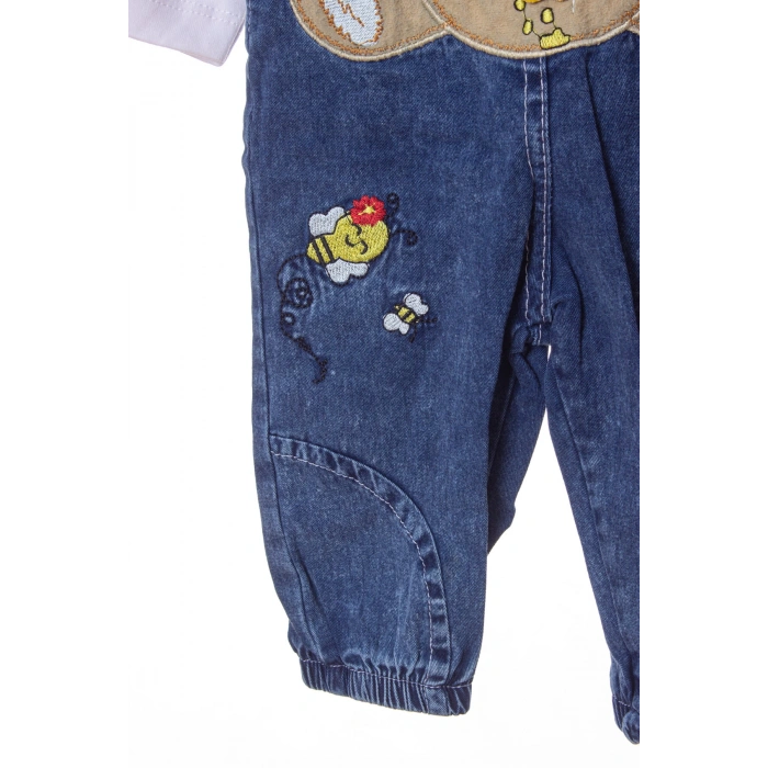 mavi renkli yavru ayicik detayli cepli pamuklu pacasi lastikli unisex kaliteli kot salopet tulum bahcivan takim