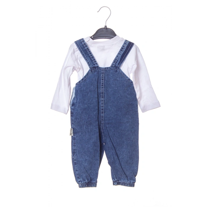 mavi renkli yavru ayicik detayli cepli pamuklu pacasi lastikli unisex kaliteli kot salopet tulum bahcivan takim