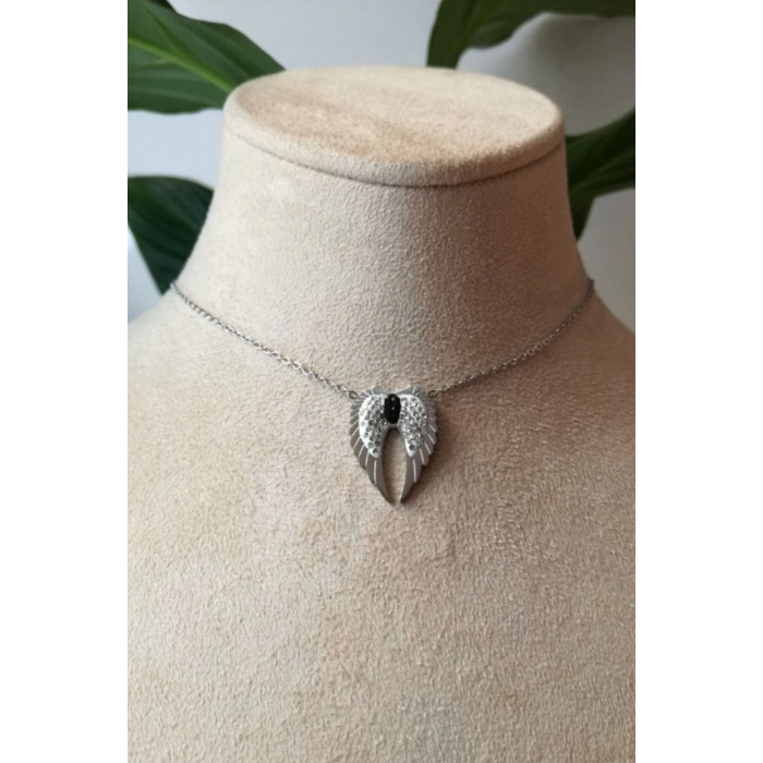 melek kanat tasarim ince silver zincirli gumus renkli zirkon tasli kaliteli paslanmaz celik kolye stainless stell