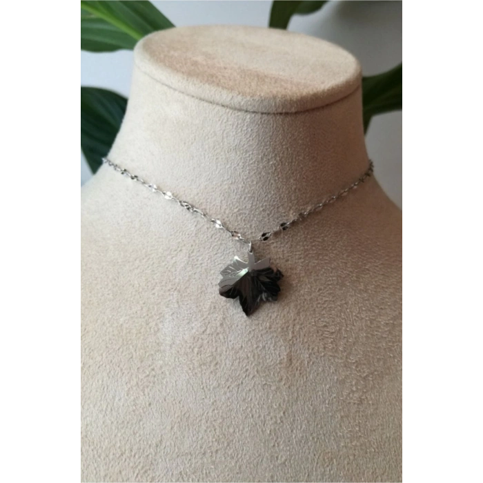 mese yaprak tasarim ince silver zincirli gumus renkli kaliteli paslanmaz celik kolye stainless stell
