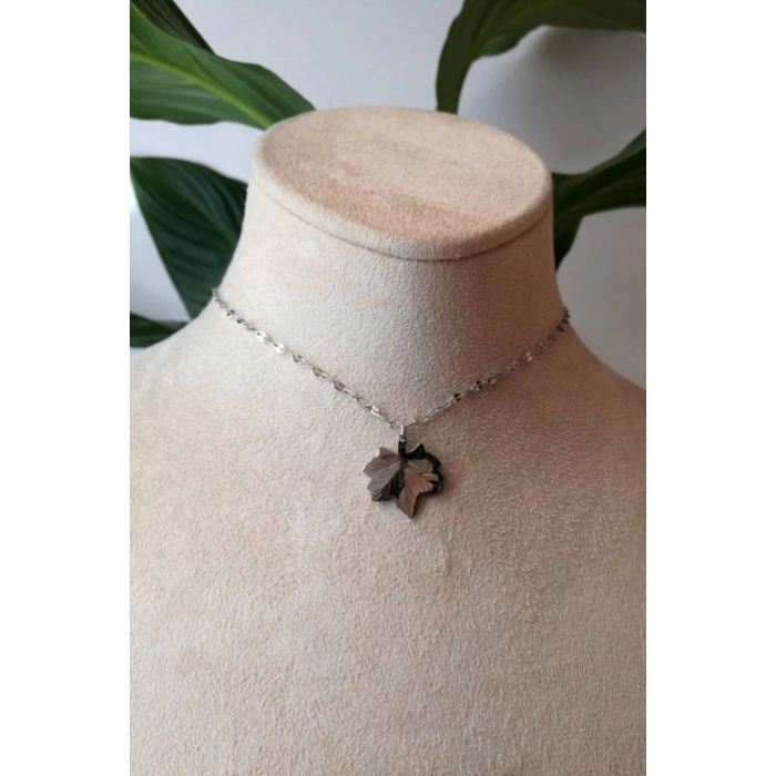 mese yaprak tasarim ince silver zincirli gumus renkli kaliteli paslanmaz celik kolye stainless stell