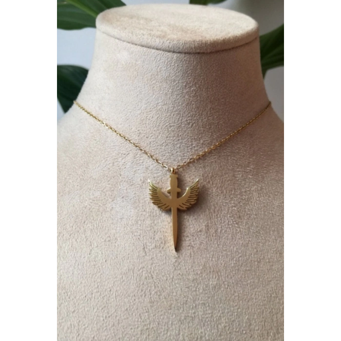 mikail melek kanat tasarim ince gold zincirli altin renkli zirkon tasli kaliteli paslanmaz celik kolye stainless stell