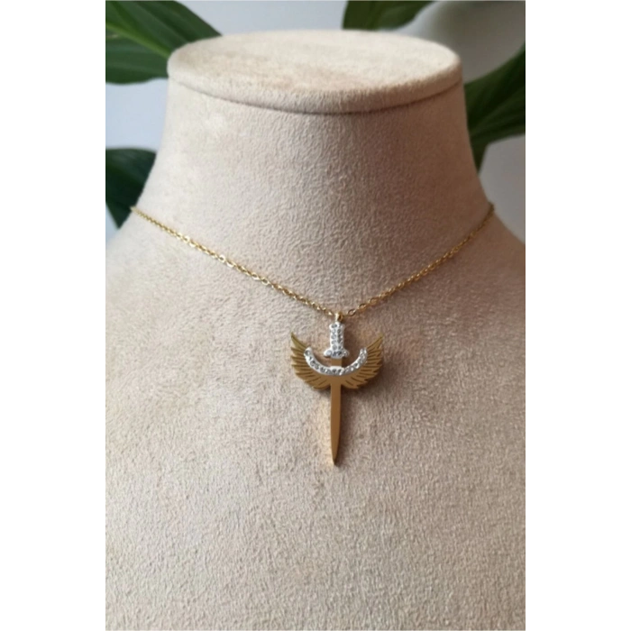 mikail melek kanat tasarim ince gold zincirli altin renkli zirkon tasli kaliteli paslanmaz celik kolye stainless stell