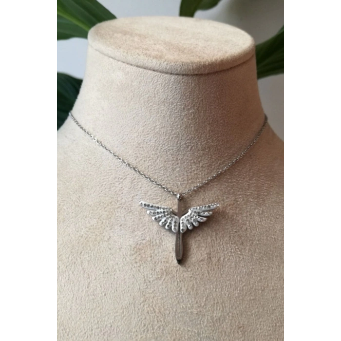 mikail melek kanat tasarim ince silver zincirli gumus renkli zirkon beyaz tasli kaliteli paslanmaz celik kolye stainless stell