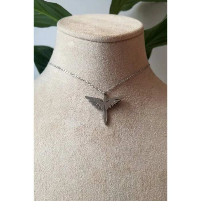 mikail melek kanat tasarim ince silver zincirli gumus renkli zirkon beyaz tasli kaliteli paslanmaz celik kolye stainless stell