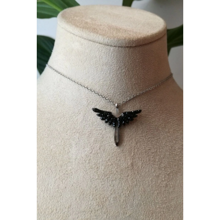 mikail melek kanat tasarim ince silver zincirli gumus renkli zirkon siyah tasli kaliteli paslanmaz celik kolye stainless stell