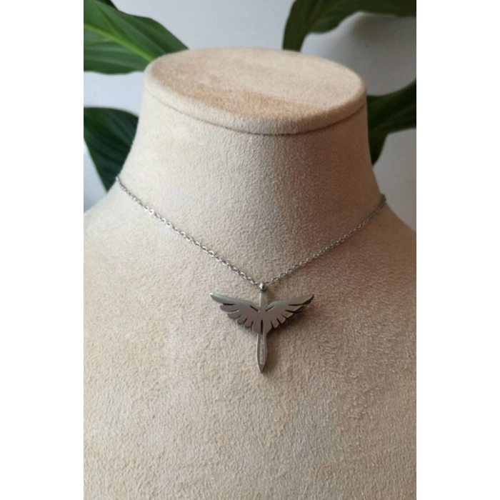 mikail melek kanat tasarim ince silver zincirli gumus renkli zirkon siyah tasli kaliteli paslanmaz celik kolye stainless stell