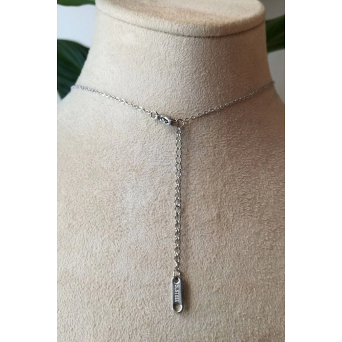 mikail melek kanat tasarim ince silver zincirli gumus renkli zirkon siyah tasli kaliteli paslanmaz celik kolye stainless stell