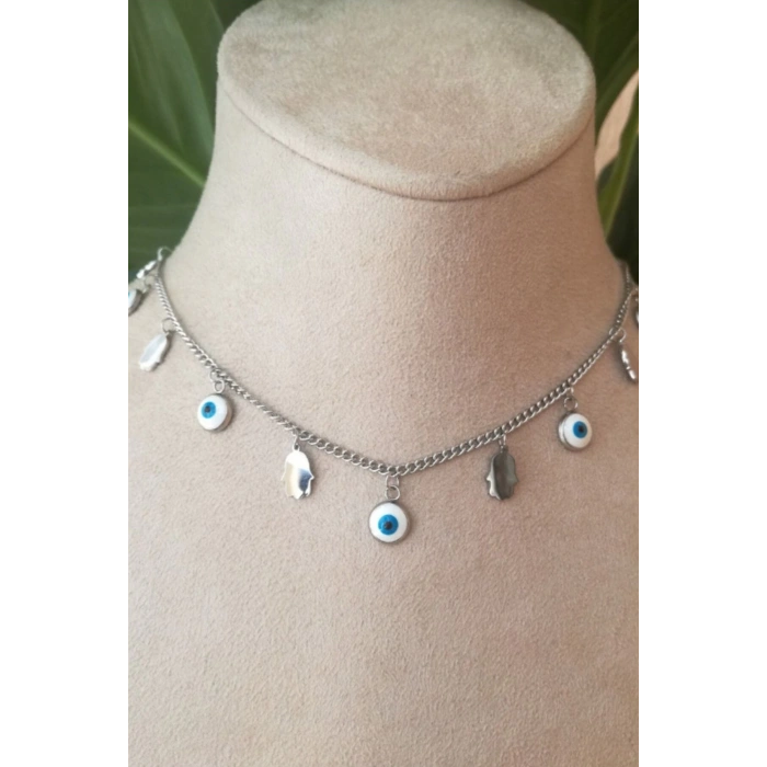 nazar boncuklu goz el tasarim ince silver zincirli gumus renkli kaliteli paslanmaz celik kolye stainless stell
