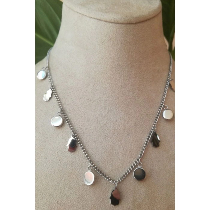 nazar boncuklu goz el tasarim ince silver zincirli gumus renkli kaliteli paslanmaz celik kolye stainless stell