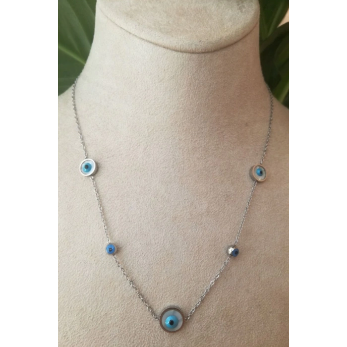 nazar boncuklu goz tasarim ince silver zincirli gumus renkli kaliteli paslanmaz celik kolye stainless stell