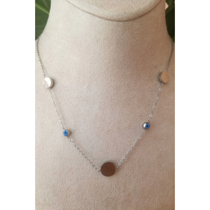 nazar boncuklu goz tasarim ince silver zincirli gumus renkli kaliteli paslanmaz celik kolye stainless stell