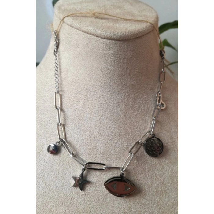 nazar boncuklu goz tasarim kalin silver zincirli gumus renkli zirkon tasli paslanmaz celik bileklik halhal