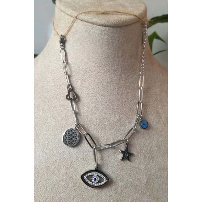 nazar boncuklu goz tasarim kalin silver zincirli gumus renkli zirkon tasli paslanmaz celik bileklik halhal