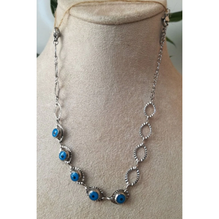 nazar boncuklu tasarim ince silver zincirli gumus renkli zirkon tasli paslanmaz celik bileklik halhal