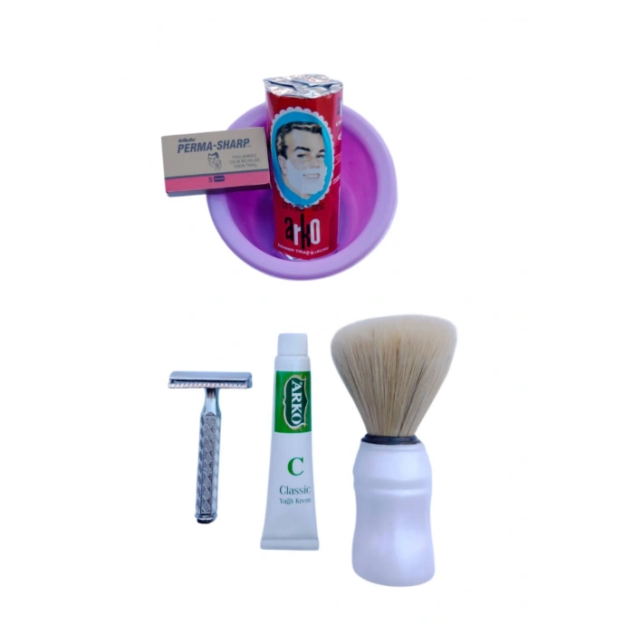 Orak Paslanmaz Krom Tras Makinasi Perma Sharp Yaprak Jilet Arko Berber Tras Sabunu Plastik Tras Tasi Sakal Fircasi Arko Nem Klasik cilt besleyici Yagli Krem 20 cc Tras Seti